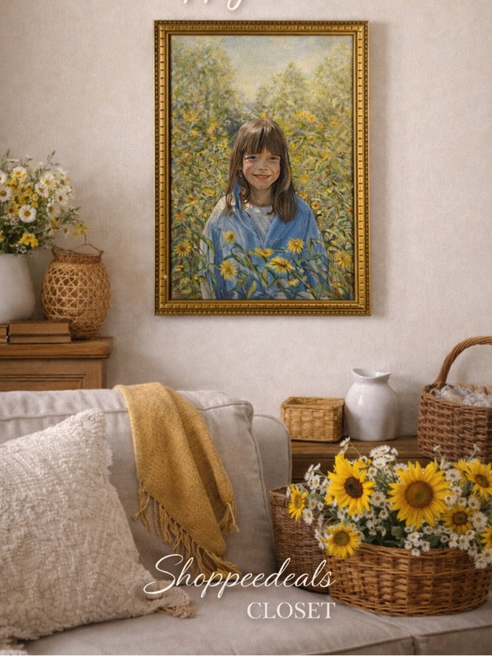 Vintage Oil Painting Girl in Sunflower Field Signed Ann Kelder 1976 Gold Frame